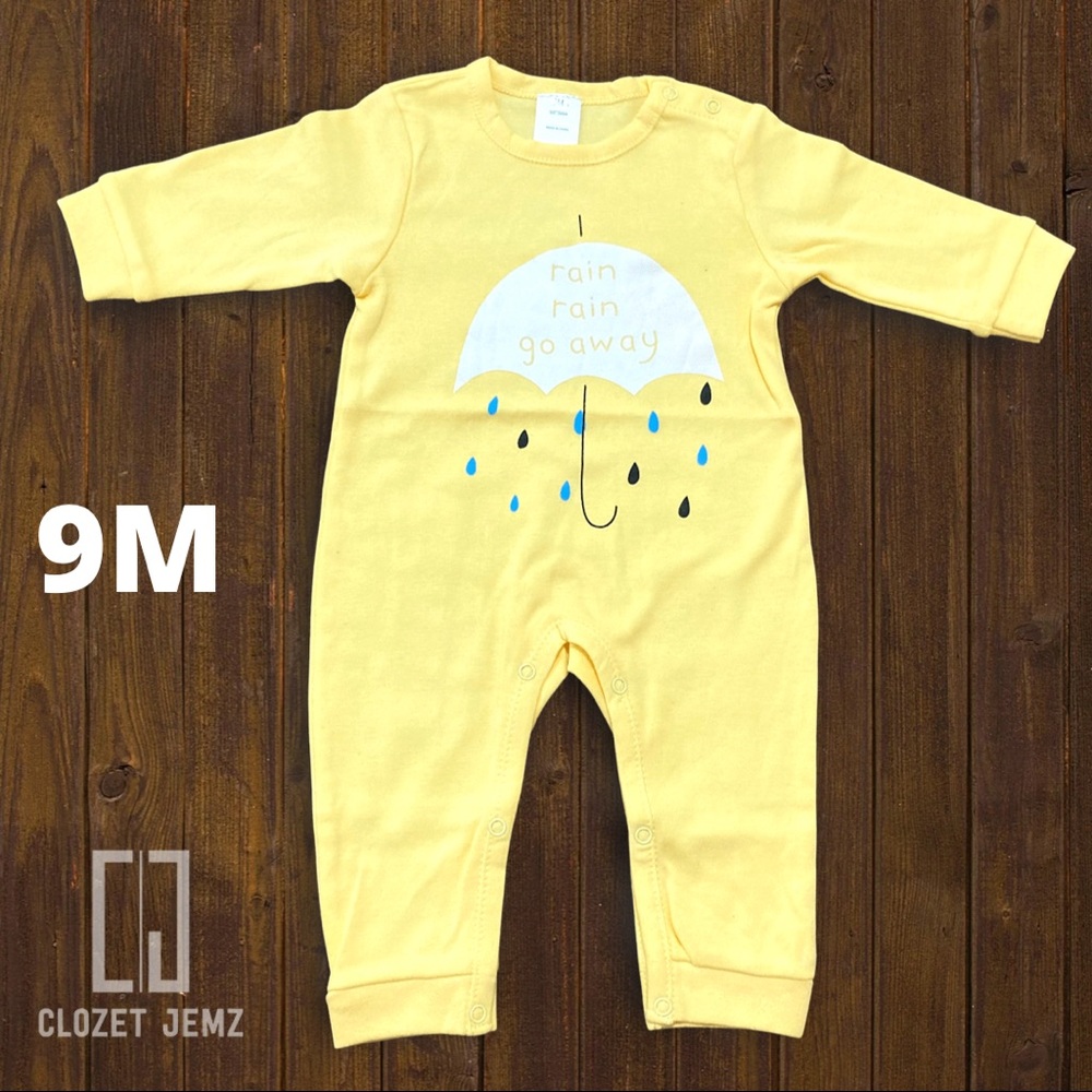 9 Month New Infant Romper - Rain Rain Go Away Yellow Long Sleeve